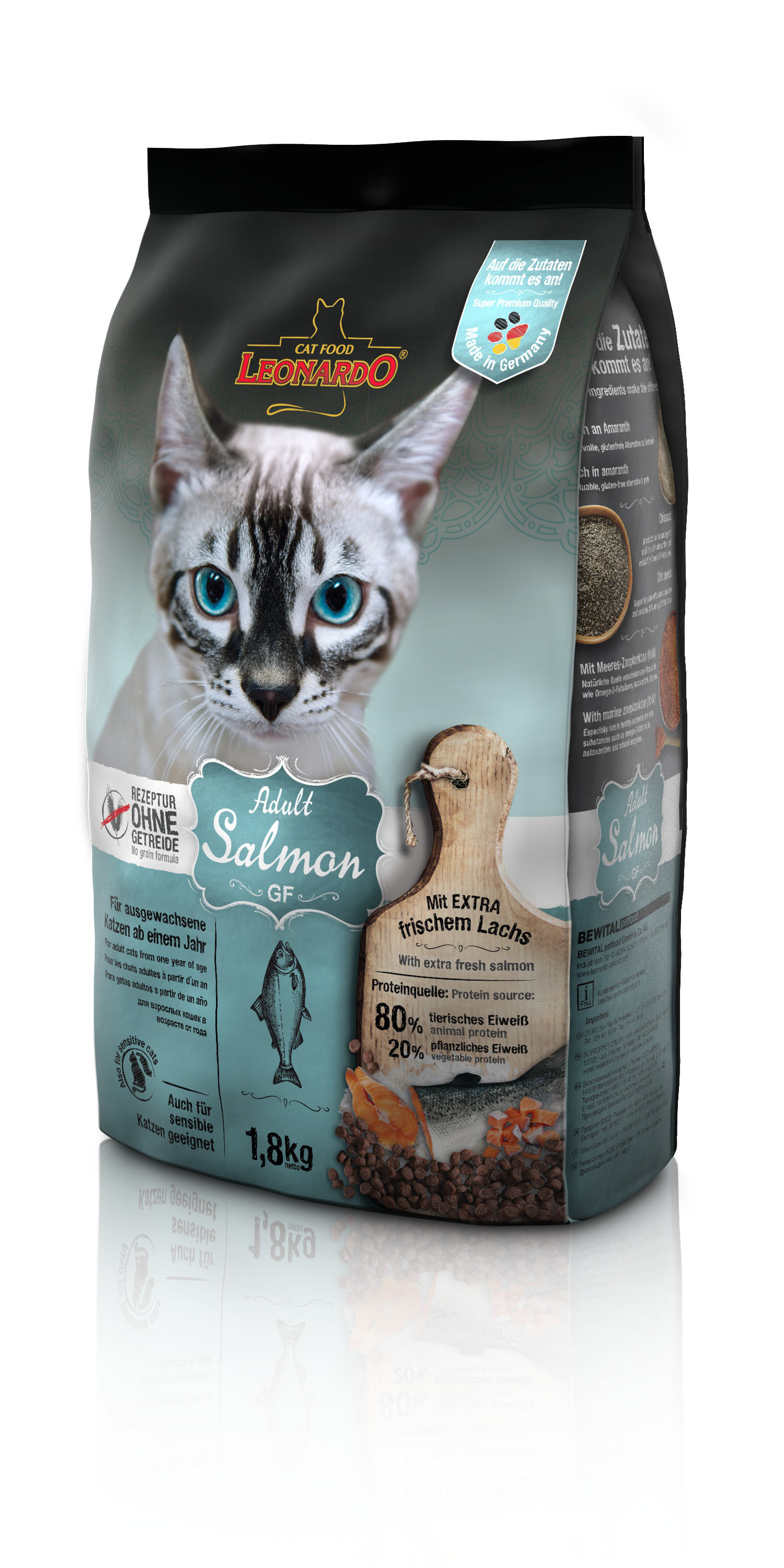 Katzen Trockenfutter - Adult GF Salmon Lachs 1800g - Leonardo Premium Katzenfutter für ausgewachsene Katzen - Getreidefrei - leichtverdaulich