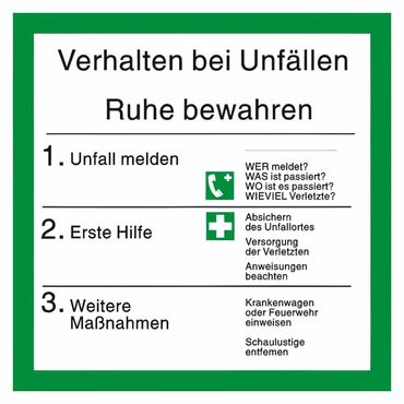 Sicherheitsaushang Schild " Verhalten bei Unfällen " mit Symbolen nach ISO 7010 - 200 x 200 mm - versch. Materialien Sicherheitsaushang Schild " Verhalten bei Unfällen " mit Symbolen nach ISO 7010 - 200 x 200 mm - versch. Materialien