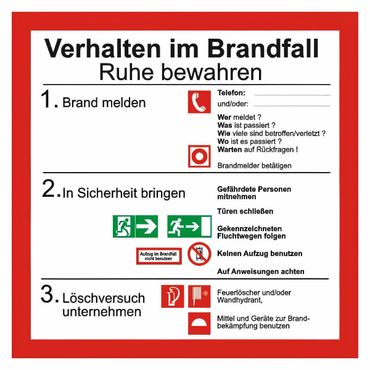 Brandschutzschild Sicherheitsaushang " Verhalten im Brandfall " BGV A8 - 200 x 200 mm - versch. Materialien Brandschutzschild Sicherheitsaushang " Verhalten im Brandfall " BGV A8 - 200 x 200 mm - versch. Materialien