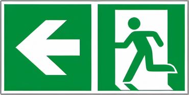 Rettungswegschild als Kombiversion - Laufrichtung links gehen, bestehend aus Notausgangszeichen nach ISO 7010 / E 001 + E 005 Zusatzpfeil Typ D ISO 3864-3 " versch. Ausführungen Rettungswegschild als Kombiversion - Laufrichtung links gehen, bestehend aus Notausgangszeichen nach ISO 7010 / E 001 + E 005 Zusatzpfeil Typ D ISO 3864-3 " versch. Ausführungen