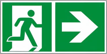 Rettungswegschild als Kombiversion - Laufrichtung rechts gehen , bestehend aus Notausgangszeichen nach ISO 7010 / E 001 + E 005 Zusatzpfeil Typ D ISO 3864-3 - versch. Ausführungen Rettungswegschild als Kombiversion - Laufrichtung rechts gehen , bestehend aus Notausgangszeichen nach ISO 7010 / E 001 + E 005 Zusatzpfeil Typ D ISO 3864-3 - versch. Ausführungen