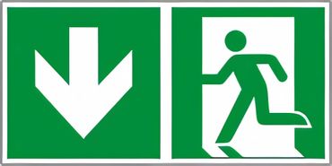 Rettungswegschild Kombiversion - Hinweis auf Etagenwechsel / abwärts gehen , bestehend aus Notausgangszeichen nach ISO 7010 / E 001 + E 005 Zusatzpfeil Typ D ISO 3864-3 " versch. Ausführungen Rettungswegschild Kombiversion - Hinweis auf Etagenwechsel / abwärts gehen , bestehend aus Notausgangszeichen nach ISO 7010 / E 001 + E 005 Zusatzpfeil Typ D ISO 3864-3 " versch. Ausführungen