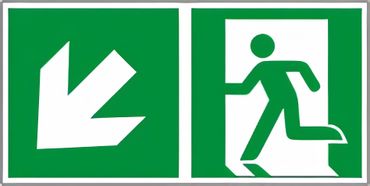 Rettungswegschild Kombiversion - Hinweis auf Etagenwechsel / links abwärts gehen , bestehend aus Notausgangszeichen nach ISO 7010 / E 001 + E 006 Zusatzpfeil Typ D ISO 3864-3 " versch. Ausführungen Rettungswegschild Kombiversion - Hinweis auf Etagenwechsel / links abwärts gehen , bestehend aus Notausgangszeichen nach ISO 7010 / E 001 + E 006 Zusatzpfeil Typ D ISO 3864-3 " versch. Ausführungen