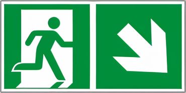 Rettungswegschild Kombiversion - Hinweis auf Etagenwechsel / rechts abwärts gehen , bestehend aus Notausgangszeichen nach ISO 7010 / E 002 + E 006 Zusatzpfeil Typ D ISO 3864-3 " versch. Ausführungen Rettungswegschild Kombiversion - Hinweis auf Etagenwechsel / rechts abwärts gehen , bestehend aus Notausgangszeichen nach ISO 7010 / E 002 + E 006 Zusatzpfeil Typ D ISO 3864-3 " versch. Ausführungen