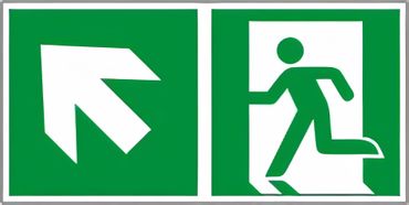 Rettungswegschild Kombiversion - Etagenwechsel / links aufwärts gehen / freie Fläche nach schräg links überqueren , bestehend aus Notausgangszeichen nach ISO 7010 / E 001 + E 006 Zusatzpfeil Typ D ISO 3864-3 " versch. Ausführungen Rettungswegschild Kombiversion - Etagenwechsel / links aufwärts gehen / freie Fläche nach schräg links überqueren , bestehend aus Notausgangszeichen nach ISO 7010 / E 001 + E 006 Zusatzpfeil Typ D ISO 3864-3 " versch. Ausführungen