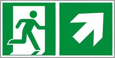 Rettungswegschild Kombiversion - Etagenwechsel / rechts aufwärts gehen / freie Fläche nach schräg rechts überqueren , bestehend aus Notausgangszeichen nach ISO 7010 / E 002 + E 006 Zusatzpfeil Typ D ISO 3864-3 " versch. Ausführungen Rettungswegschild Kombiversion - Etagenwechsel / rechts aufwärts gehen / freie Fläche nach schräg rechts überqueren , bestehend aus Notausgangszeichen nach ISO 7010 / E 002 + E 006 Zusatzpfeil Typ D ISO 3864-3 " versch. Ausführungen