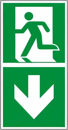Rettungswegschild Kombiversion - Hinweis auf Etagenwechsel / abwärts gehen , bestehend aus Notausgangszeichen nach ISO 7010 / E 001 + E 005 Zusatzpfeil Typ D ISO 3864-3 " versch. Ausführungen Rettungswegschild Kombiversion - Hinweis auf Etagenwechsel / abwärts gehen , bestehend aus Notausgangszeichen nach ISO 7010 / E 001 + E 005 Zusatzpfeil Typ D ISO 3864-3 " versch. Ausführungen