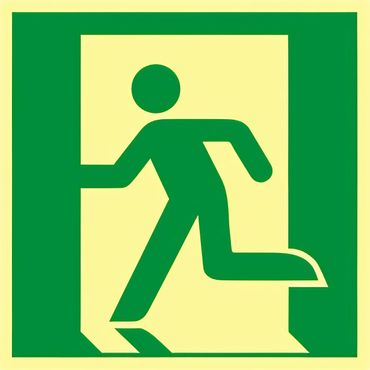 Rettungswegschild - Symbol Rettungsweg links , nach  ISO 7010 / E 001  " , Langnachleuchtend - versch. Ausführungen Rettungswegschild - Symbol Rettungsweg links , nach  ISO 7010 / E 001  " , Langnachleuchtend - versch. Ausführungen