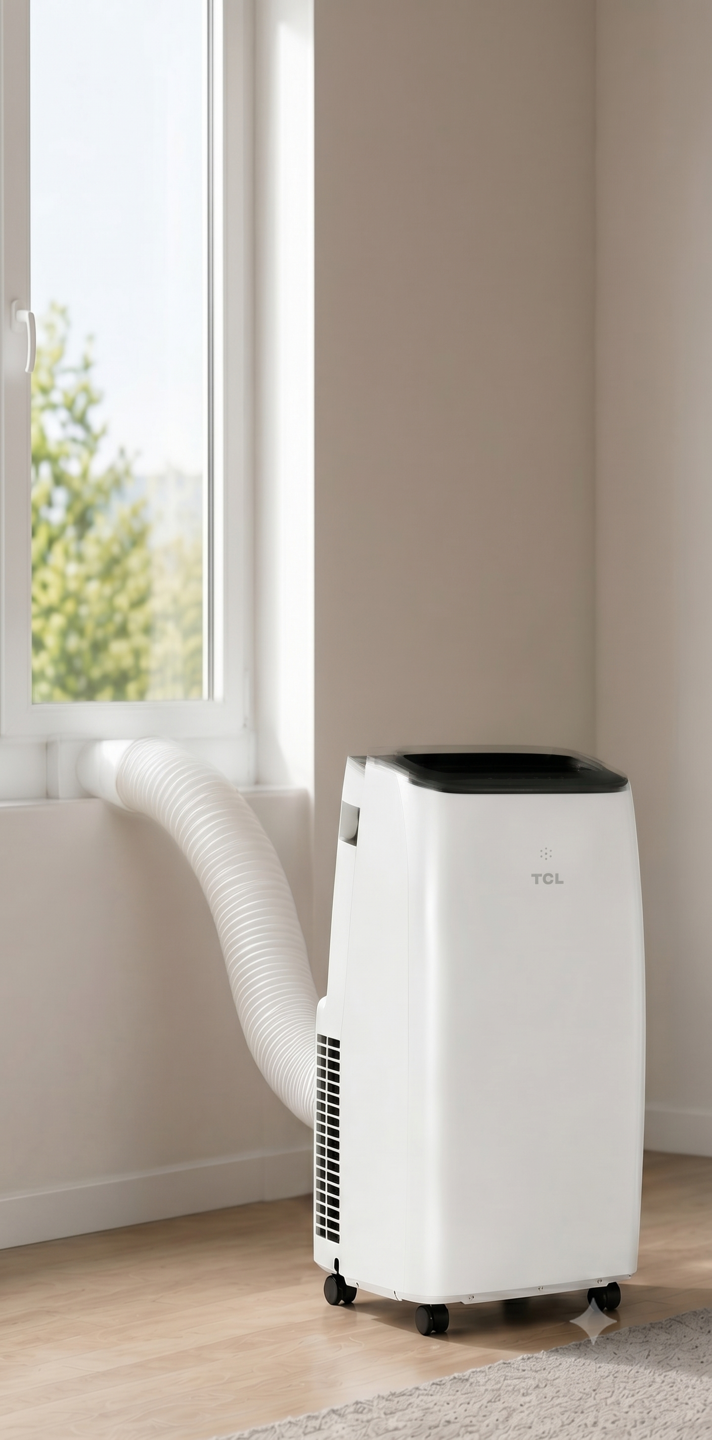 Mobiles Klimagerät der Marke AC TEC in einem hellen Wohnzimmer.