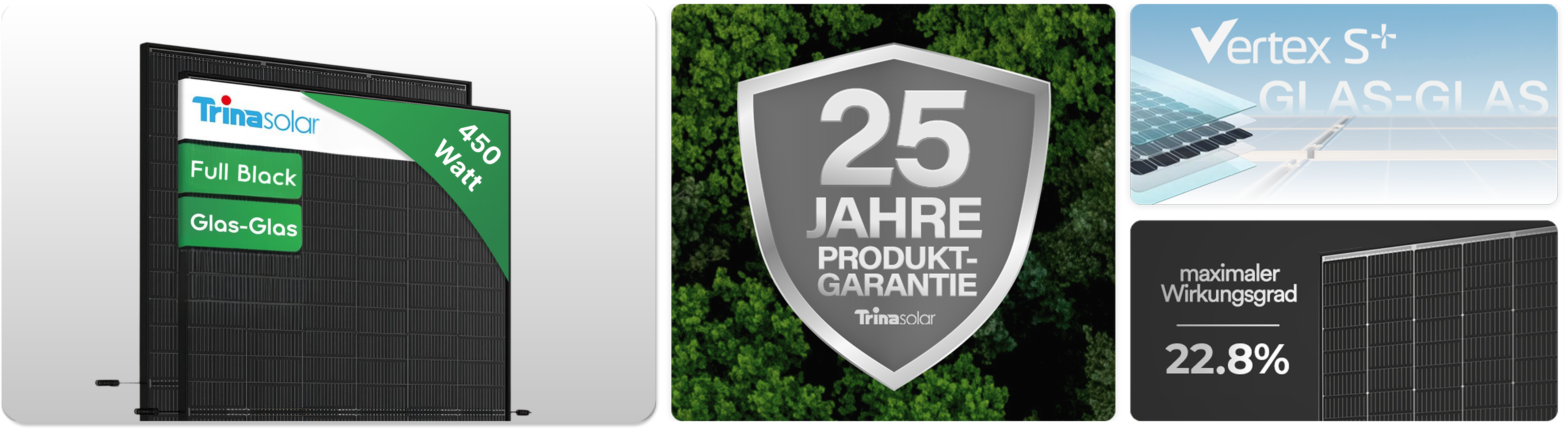 Full Black 450 W Trina Solar Glas-Glas-Solarmodul mit 25 Jahren Garantie und 22,8 % Wirkungsgrad.