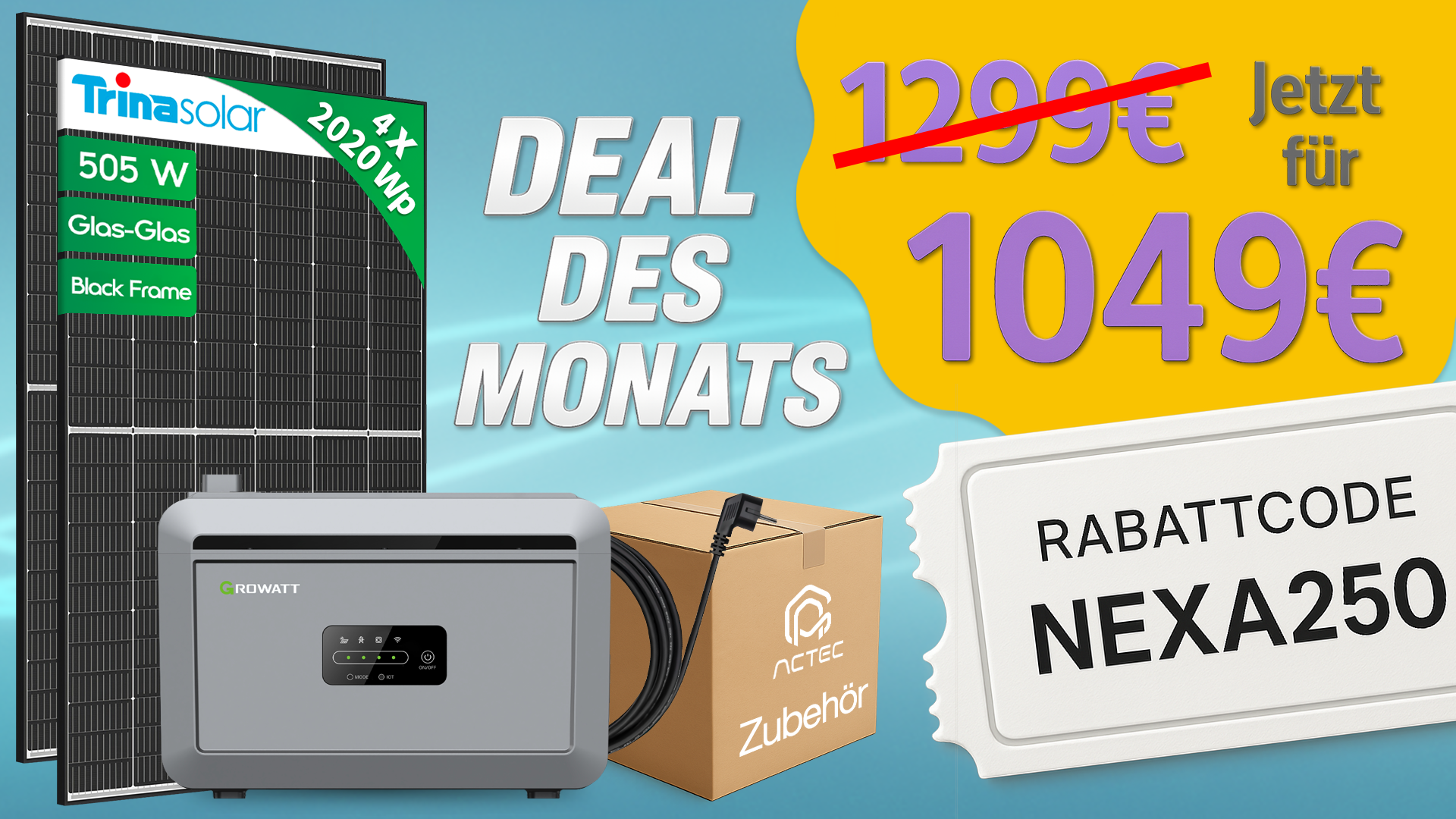     [SET] 2020wp Balkonkraftwerk SET | Trina Vertex S+ 500W Glas-Glas | Growatt NEXA 2000 Speicher | All-in-One