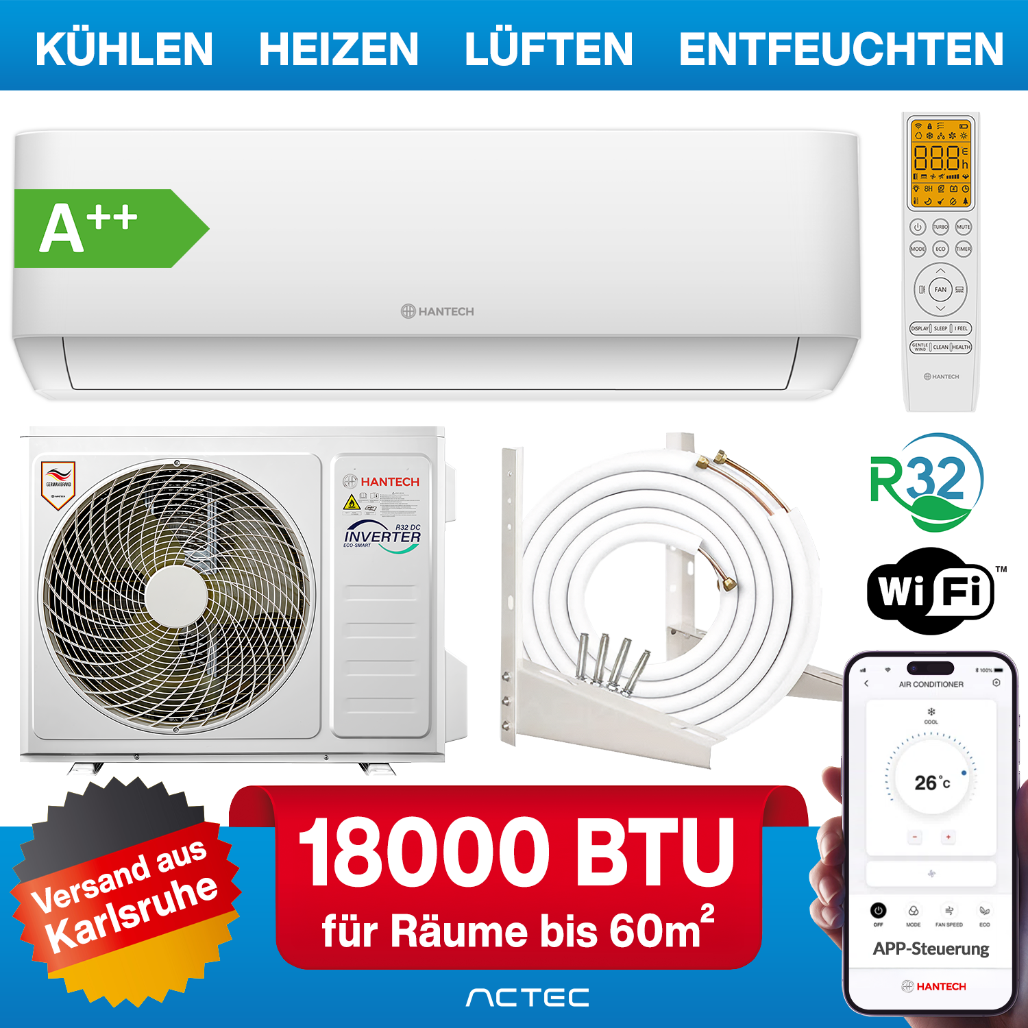 Split Klimaanlage 18000 BTU Komplettset Klimagerät Inverter A++ Heizen WLAN Split Klimaanlage 18000 BTU Komplettset Klimagerät Inverter A++ Heizen WLAN