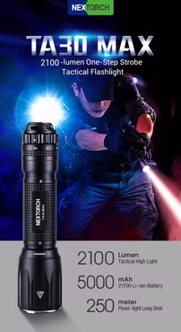Nextorch TA30 MAX Tactical LED Taschenlampe, 2100 Lumen, Kopf mit Nano- Keramik Glasbrecher