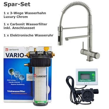 CARBONIT VARIO CLASSIC Wasserfilter + 3 wege Wasserhahn Luxury Edelstahl Look 45 + Wasseruhr