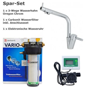 Sparset CARBONIT VARIO CLASSIC Wasserfilter + Dreiwege Wasserhahn OREGON Chrom + Wasseruhr