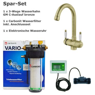 Sparset CARBONIT VARIO CLASSIC Wasserfilter inkl. Dreiwege Wasserhahn GM C-Auslauf Bronze + Wasseruhr