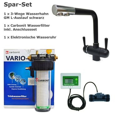 Sparset CARBONIT VARIO CLASSIC Wasserfilter + Dreiwege Wasserhahn GM , L schwarz + Wasseruhr