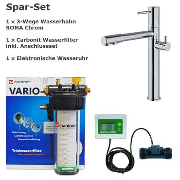 Sparset CARBONIT VARIO CLASSIC Wasserfilter + Dreiwege Wasserhahn ROMA Chrom + Wasseruhr