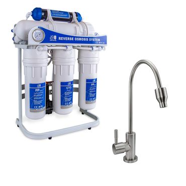 ULP Premium Direct-Flow Umkehrosmoseanlage mit 600GPD + Pumpe, Quick Change Filtern + CIARA Ein-Weg-Wasserhahn Edelstahl mit Wasserwirbler