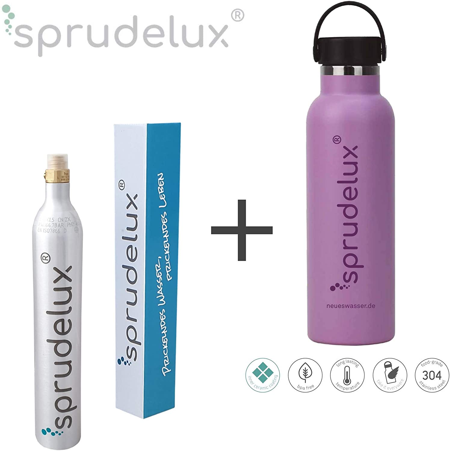 SPRUDELUX® Thermo-Trinkflasche BPA-frei Edelstahl 304 Keramik Flasche beschichtet inkl. CO2 Zylinder für SodaStream - Photo 0