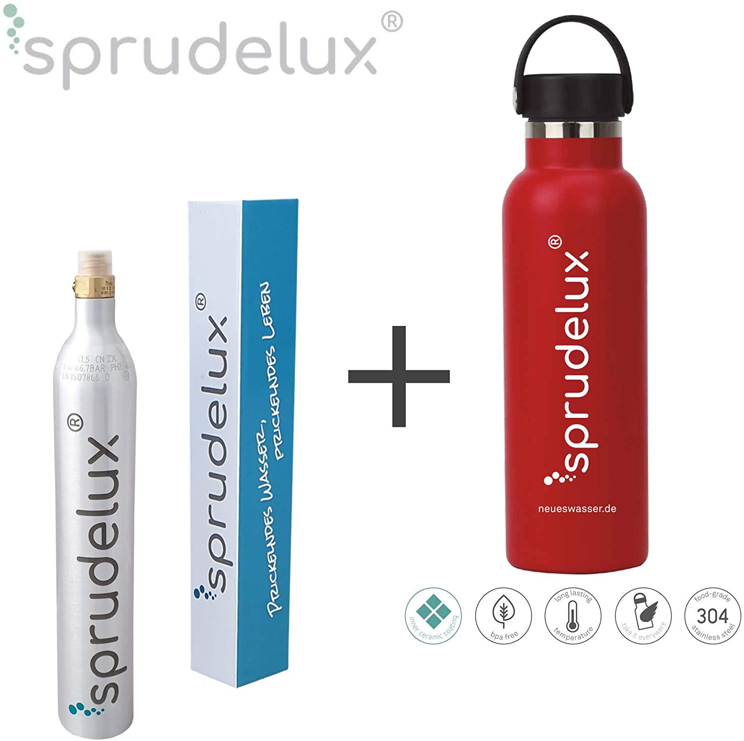 SPRUDELUX® Thermo-Trinkflasche BPA-frei Edelstahl 304 Keramik Flasche beschichtet inkl. CO2 Zylinder für SodaStream - Photo 0