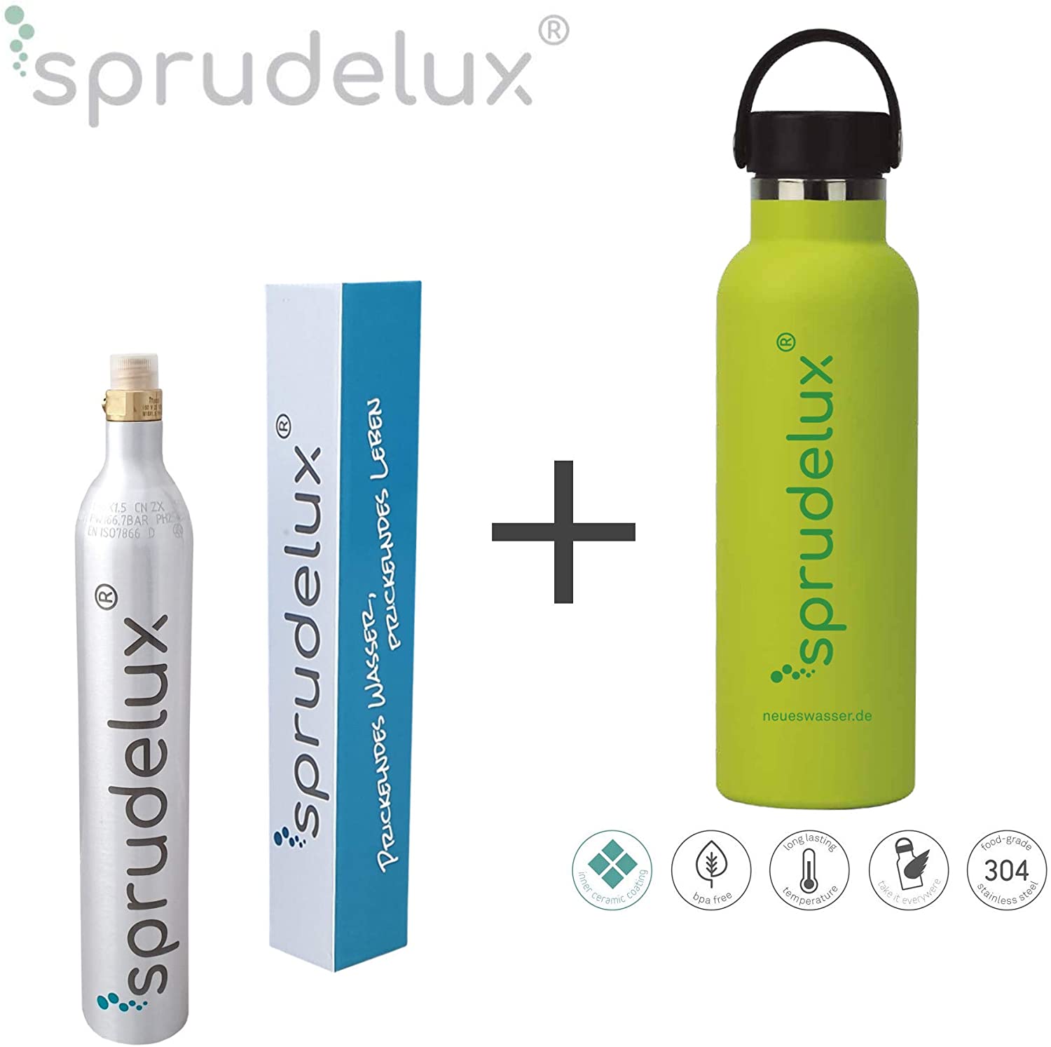 SPRUDELUX® Thermo-Trinkflasche BPA-frei Edelstahl 304 Keramik Flasche beschichtet inkl. CO2 Zylinder für SodaStream - Photo 0