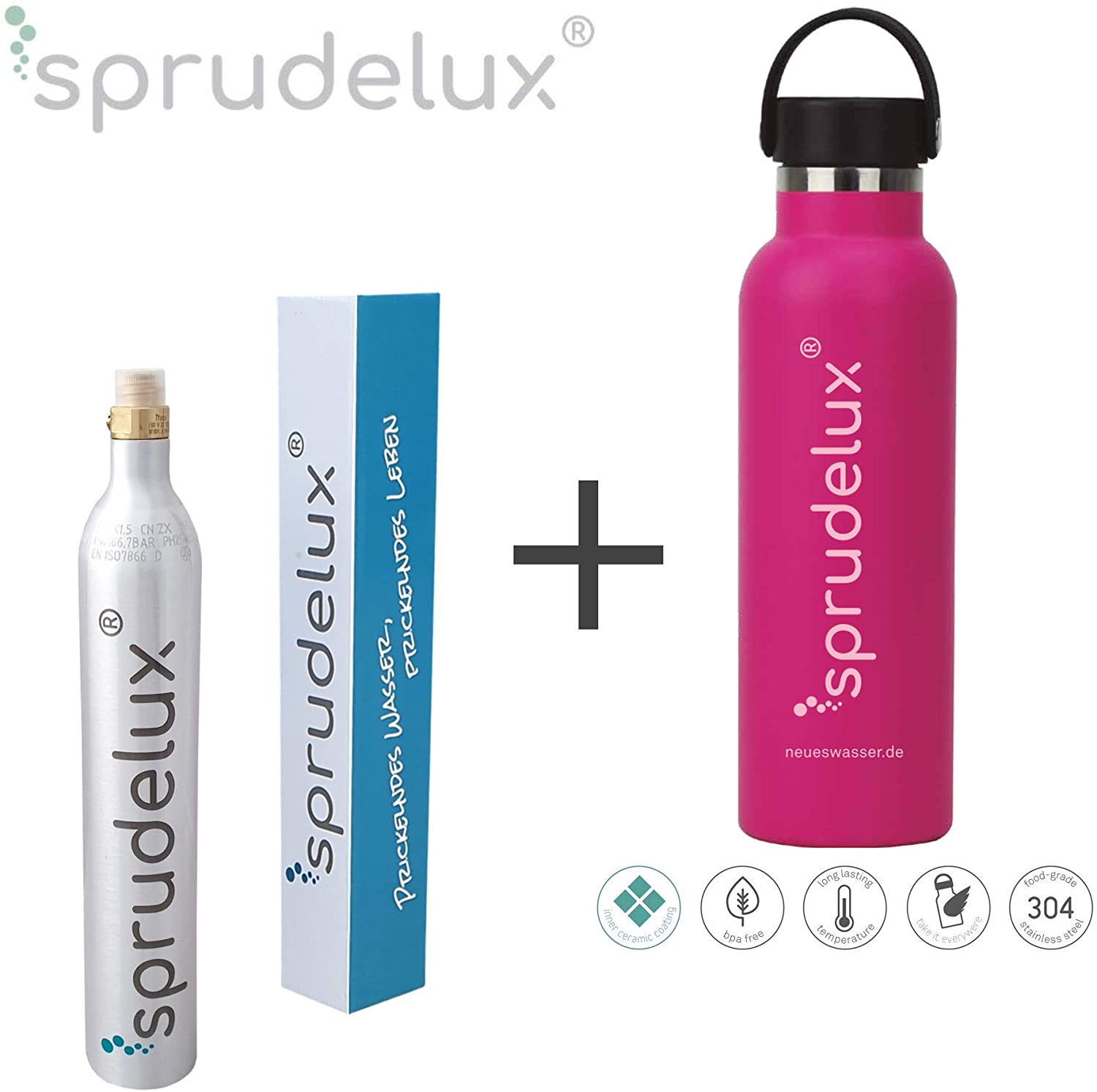 SPRUDELUX® Thermo-Trinkflasche BPA-frei Edelstahl 304 Keramik Flasche beschichtet inkl. CO2 Zylinder für SodaStream - Photo 0