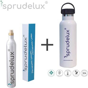 SPRUDELUX® Thermo-Trinkflasche BPA-frei Edelstahl 304 Keramik Flasche beschichtet inkl. CO2 Zylinder für SodaStream