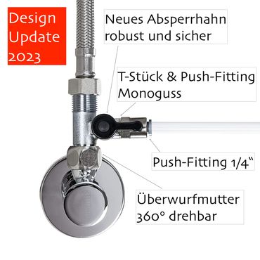 Absperrhahn Absperrventil Adapter T-Stück 3/8 AG x 1/4 QC x 3/8 ÜM zum Anschluss von Wasserfilter - Photo preview 3