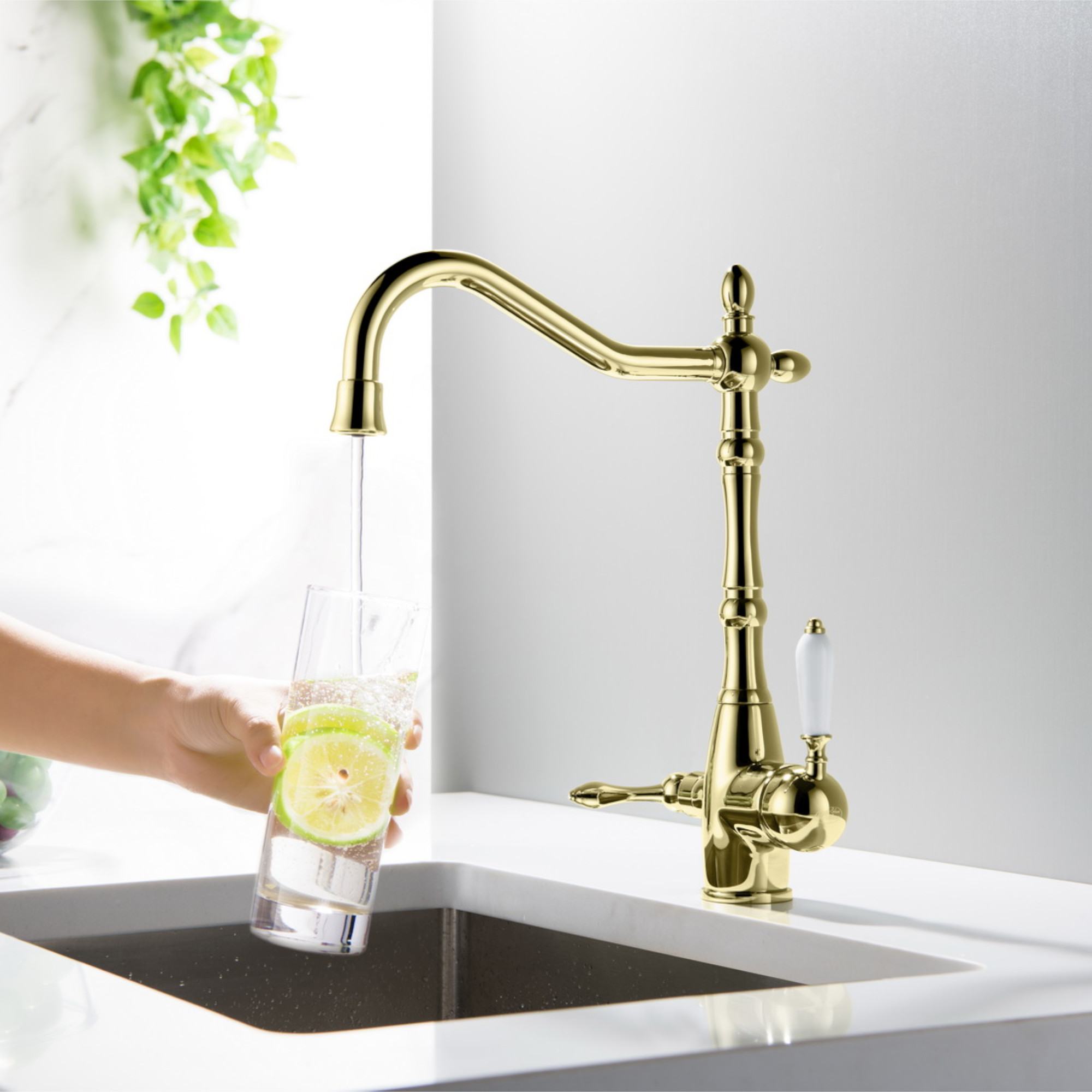 SAXO 3 Wege Wasserhahn im Landhausstil, Chrom, Gold, Antik Messing - Photo 2
