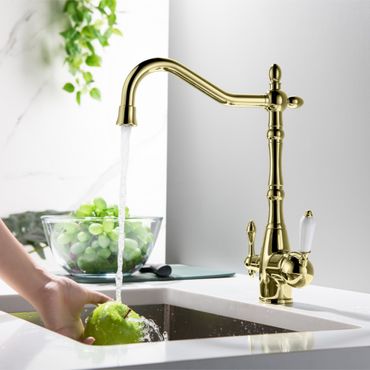 SAXO 3 Wege Wasserhahn im Landhausstil, Chrom, Gold, Antik Messing - Photo preview 3