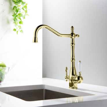 SAXO 3 Wege Wasserhahn im Landhausstil, Chrom, Gold, Antik Messing - Photo preview 5