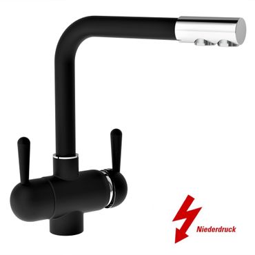 Designer Drei-Wege-Wasserhahn GM L-Auslauf schwarz matt (NIEDERDRUCK)