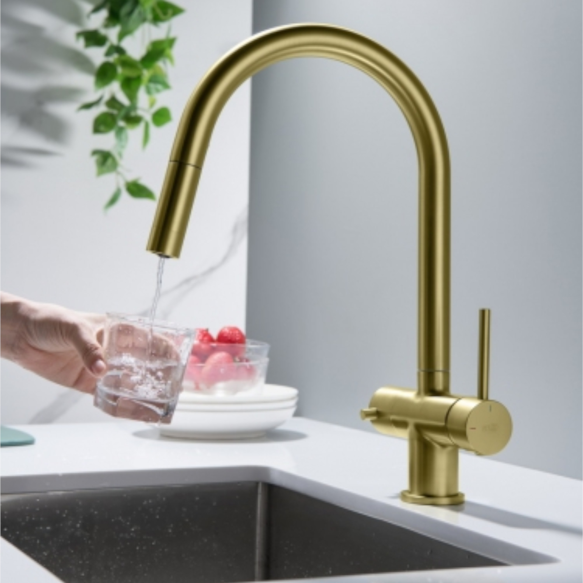 CYRUS Drei-Wege-Wasserhahn mit ausziehbarer Brause, Chrom, Gold, Antik Messing, Edelstahl Optik, Schwarz Matt - Photo 5