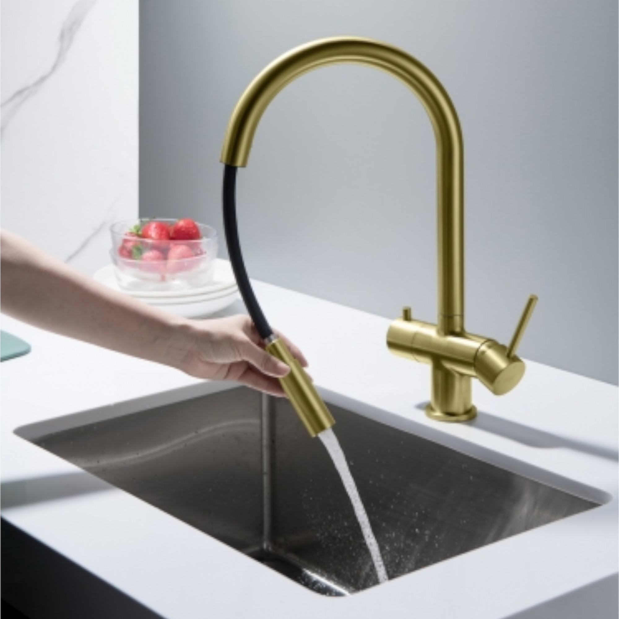 CYRUS Drei-Wege-Wasserhahn mit ausziehbarer Brause, Chrom, Gold, Antik Messing, Edelstahl Optik, Schwarz Matt - Photo 7