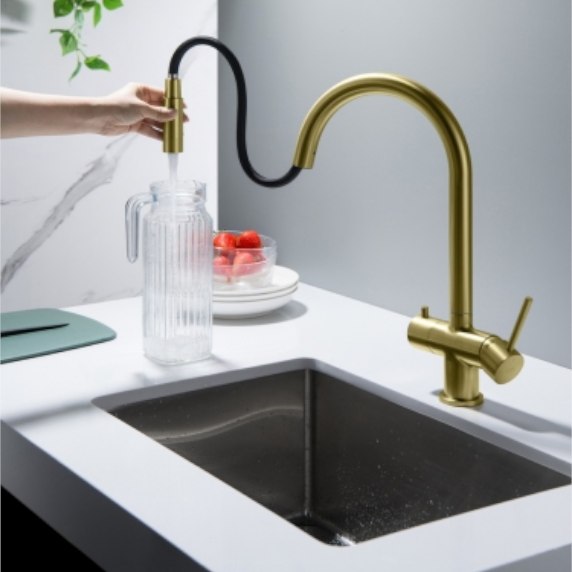 CYRUS Drei-Wege-Wasserhahn mit ausziehbarer Brause, Chrom, Gold, Antik Messing, Edelstahl Optik, Schwarz Matt - Photo 2