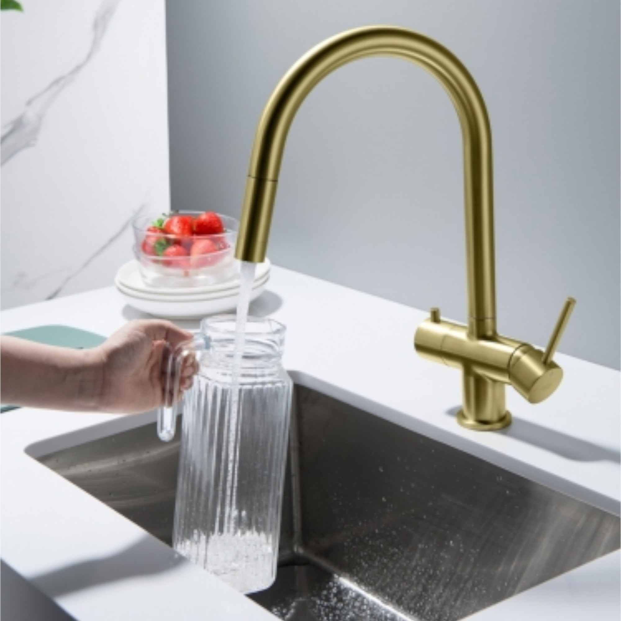 CYRUS Drei-Wege-Wasserhahn mit ausziehbarer Brause, Chrom, Gold, Antik Messing, Edelstahl Optik, Schwarz Matt - Photo 4