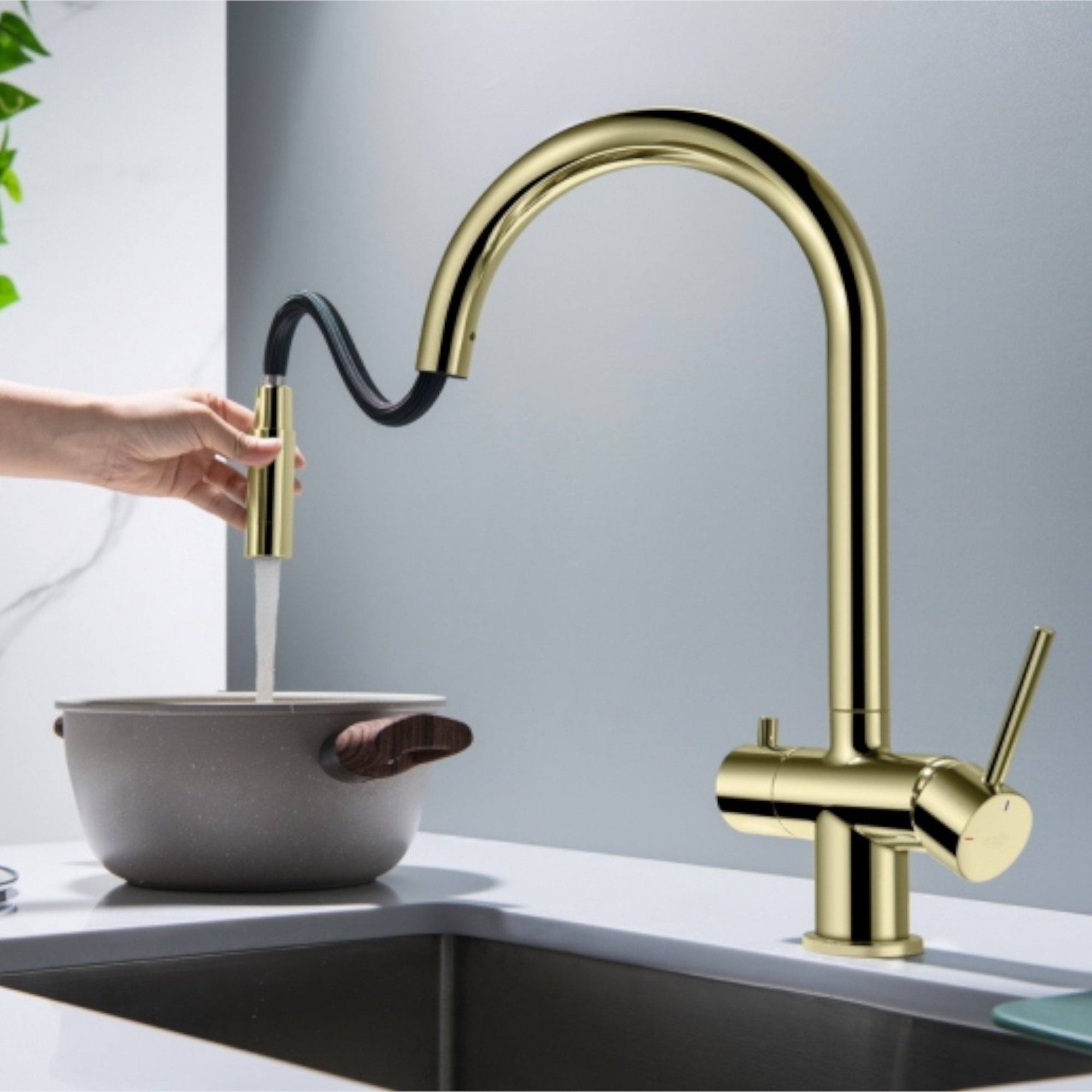 CYRUS Drei-Wege-Wasserhahn mit ausziehbarer Brause, Chrom, Gold, Antik Messing, Edelstahl Optik, Schwarz Matt - Photo 2