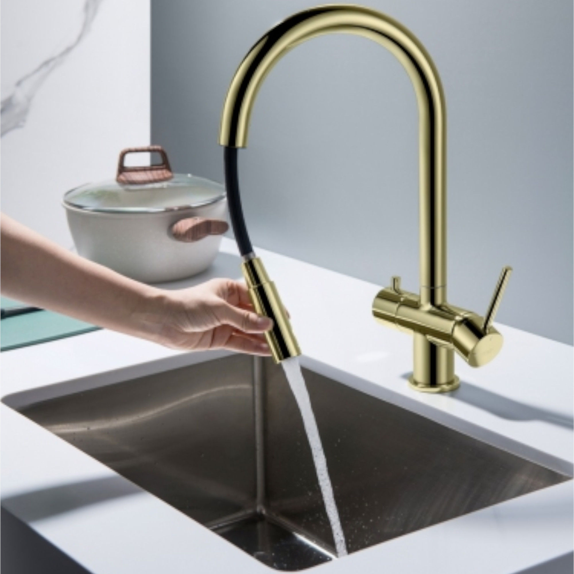 CYRUS Drei-Wege-Wasserhahn mit ausziehbarer Brause, Chrom, Gold, Antik Messing, Edelstahl Optik, Schwarz Matt - Photo 5