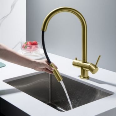 CYRUS Drei-Wege-Wasserhahn mit ausziehbarer Brause, Chrom, Gold, Antik Messing, Edelstahl Optik, Schwarz Matt - Photo preview 7