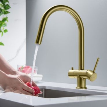 CYRUS Drei-Wege-Wasserhahn mit ausziehbarer Brause, Chrom, Gold, Antik Messing, Edelstahl Optik, Schwarz Matt - Photo preview 10