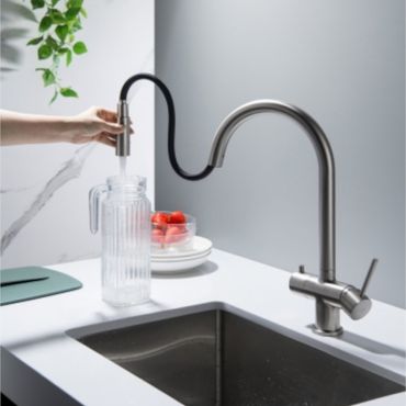 CYRUS Drei-Wege-Wasserhahn mit ausziehbarer Brause, Chrom, Gold, Antik Messing, Edelstahl Optik, Schwarz Matt - Photo preview 2