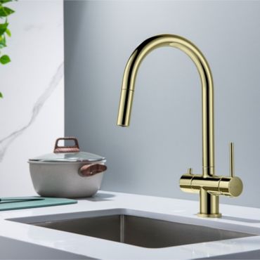 CYRUS Drei-Wege-Wasserhahn mit ausziehbarer Brause, Chrom, Gold, Antik Messing, Edelstahl Optik, Schwarz Matt - Photo preview 6