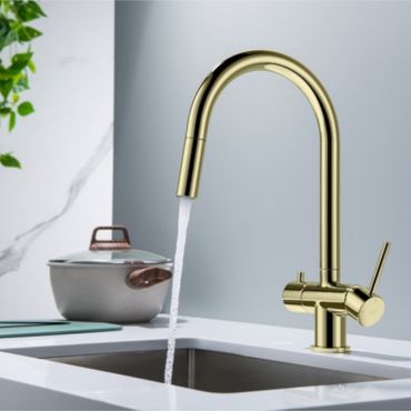 CYRUS Drei-Wege-Wasserhahn mit ausziehbarer Brause, Chrom, Gold, Antik Messing, Edelstahl Optik, Schwarz Matt - Photo preview 7