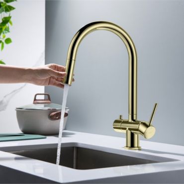 CYRUS Drei-Wege-Wasserhahn mit ausziehbarer Brause, Chrom, Gold, Antik Messing, Edelstahl Optik, Schwarz Matt - Photo preview 8
