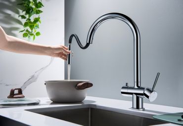 CYRUS Drei-Wege-Wasserhahn mit ausziehbarer Brause, Chrom, Gold, Antik Messing, Edelstahl Optik, Schwarz Matt - Photo preview 2