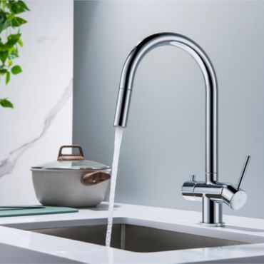 CYRUS Drei-Wege-Wasserhahn mit ausziehbarer Brause, Chrom, Gold, Antik Messing, Edelstahl Optik, Schwarz Matt - Photo preview 8