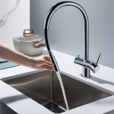 CYRUS Drei-Wege-Wasserhahn mit ausziehbarer Brause, Chrom, Gold, Antik Messing, Edelstahl Optik, Schwarz Matt - Photo preview 7
