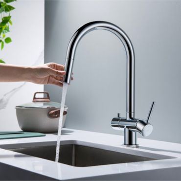 CYRUS Drei-Wege-Wasserhahn mit ausziehbarer Brause, Chrom, Gold, Antik Messing, Edelstahl Optik, Schwarz Matt - Photo preview 6