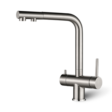 PURE WAVE 3-Wege-Wasserhahn mit ausziehbarer Brause - Edelstahl Massiv - Farbe Edelstahl gebürstet - Für warmes, kaltes & gefiltertes Wasser